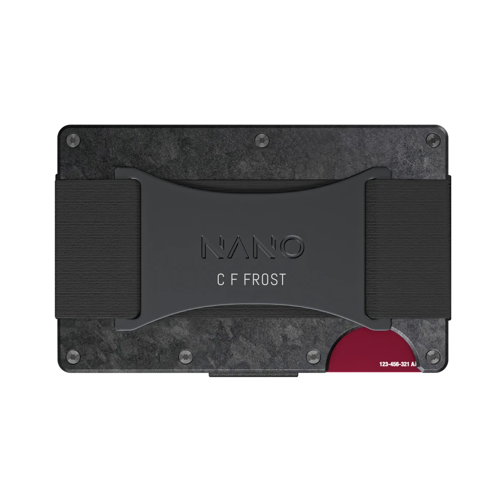 Forged Carbon wallet with C F FROST engraved on the Cash Strap plate.