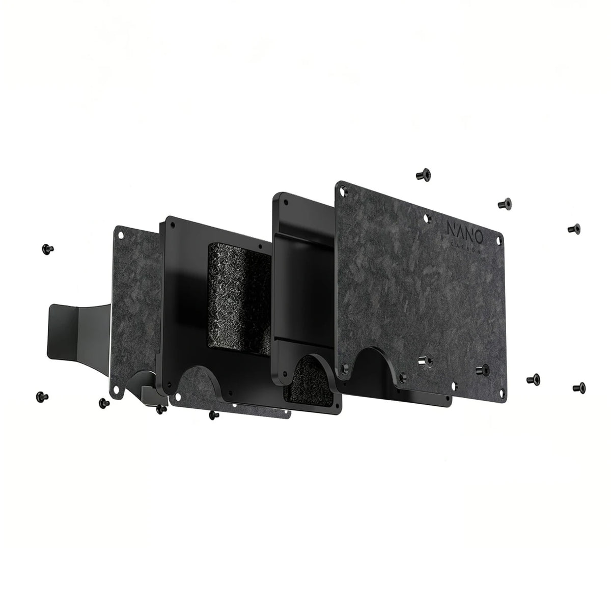 Exploded NANO wallet showing its forged carbon plates, chassis, elastic, money clip and screws