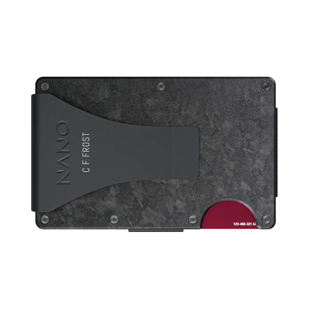 Forged Carbon wallet with C F FROST engraved on the Money Clip.