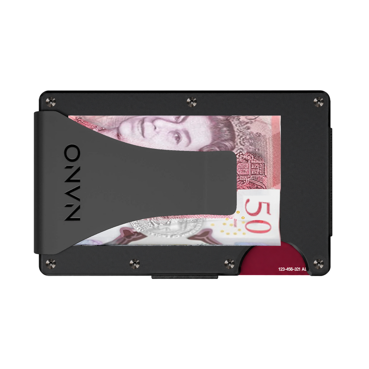 Axiom Black Titanium money clip wallet — rear view holding a folded note
