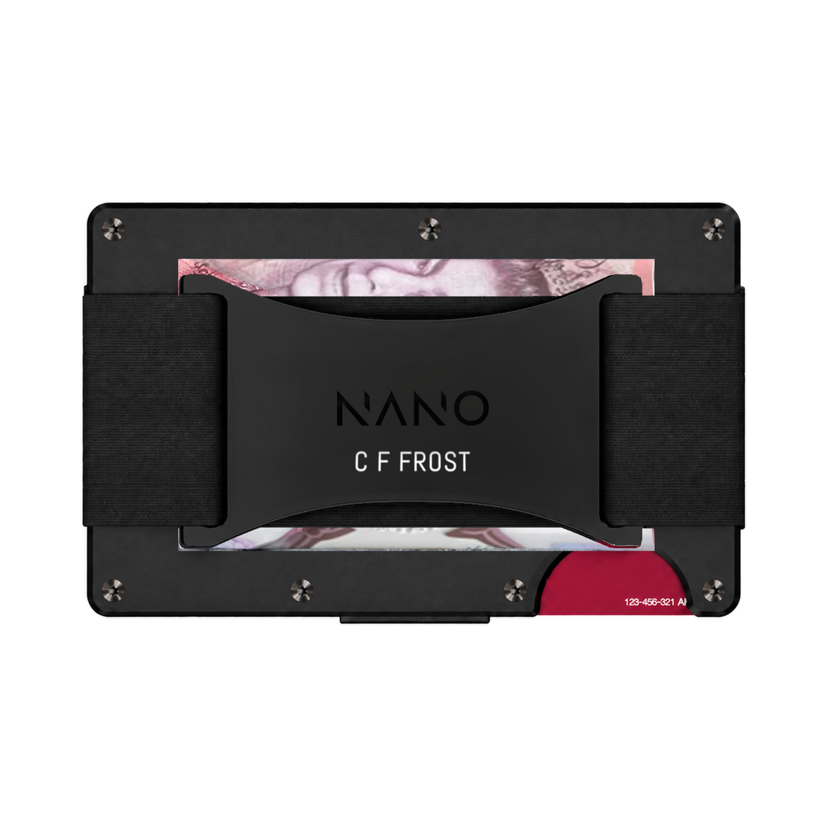 Axiom Black Titanium personalised cash strap wallet — rear view holding a folded note