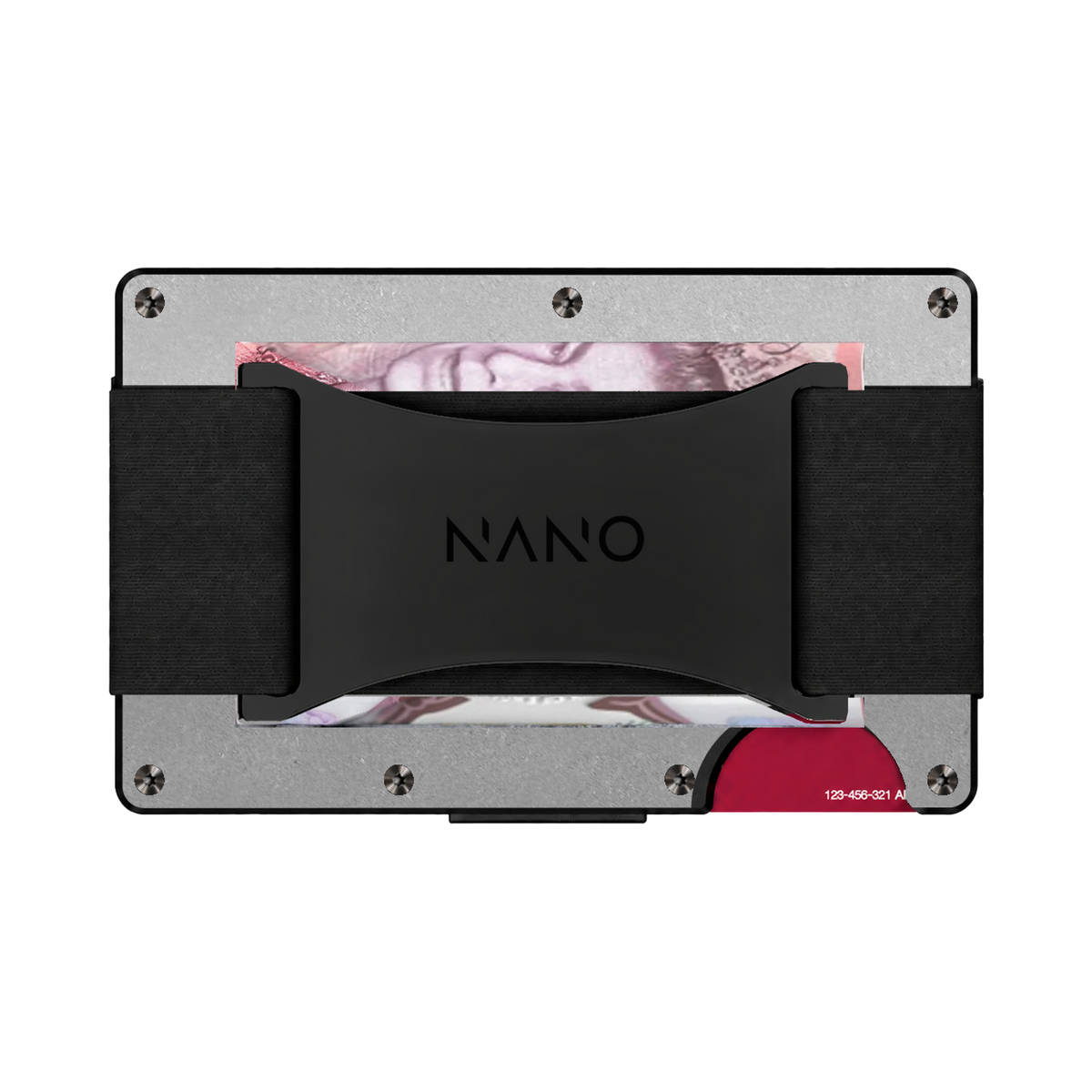 NANO Raw Stonewashed titanium Cash Strap wallet holding folded notes