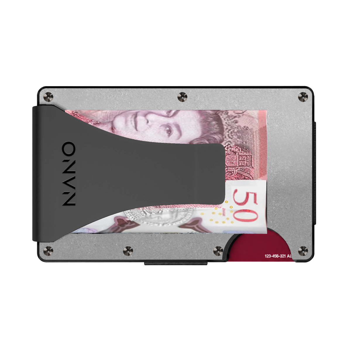 NANO Raw Stonewashed titanium Money Clip wallet holding folded notes