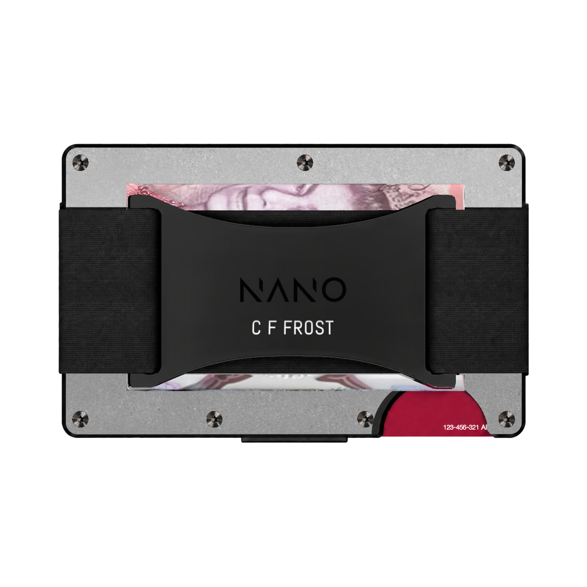 NANO Raw Stonewashed personalised Cash Strap wallet with folded notes and C F FROST engraving example