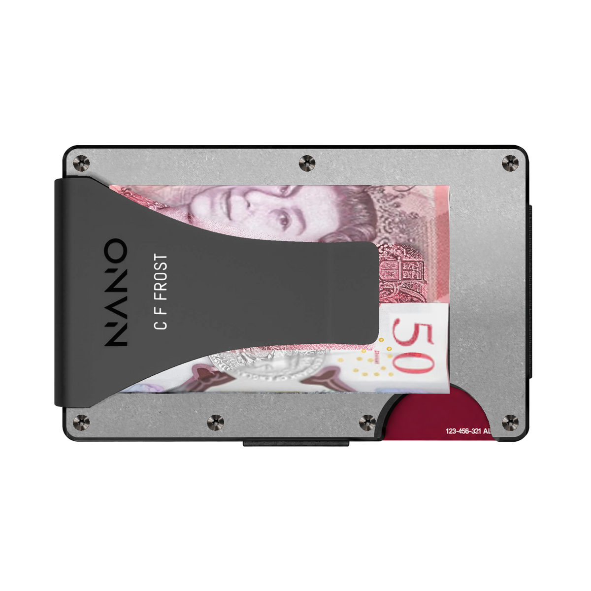 NANO Raw Stonewashed personalised Money Clip wallet with folded notes and C F FROST engraving example