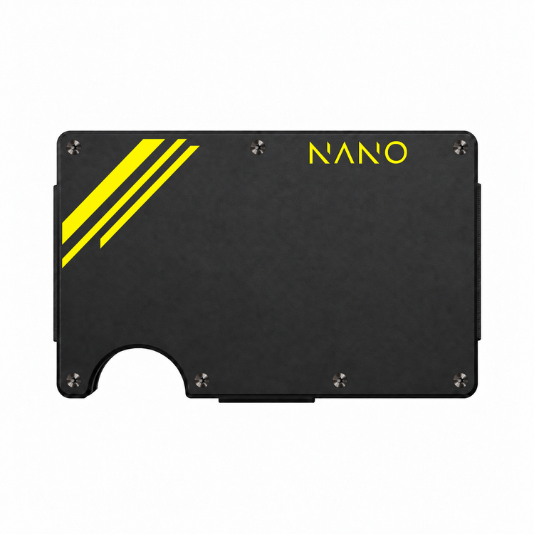 NANO Edition One Vortex Black/Cyber Neon powder-coated aluminium money clip wallet — front straight-on view