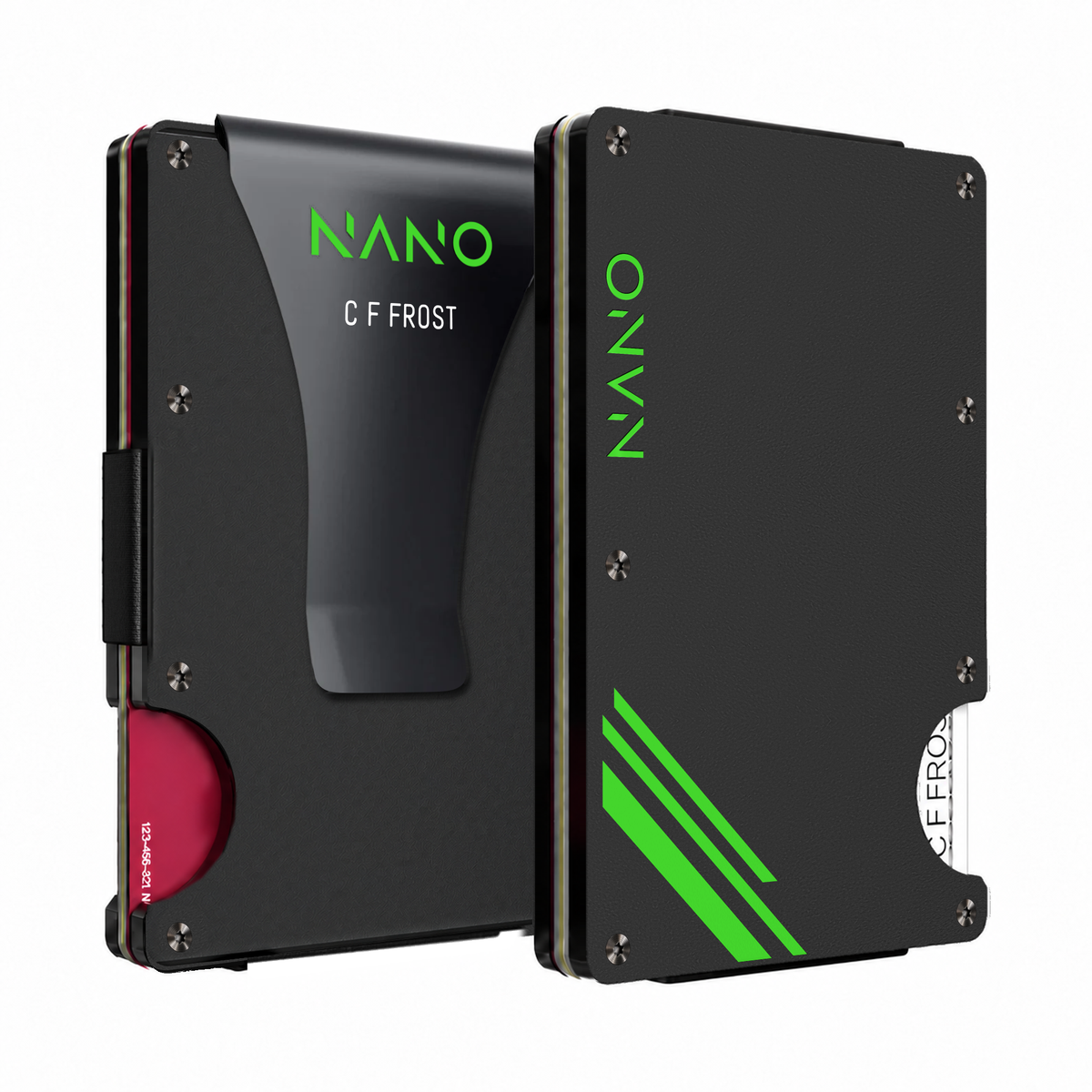NANO Vortex Black/Hyper Green Personalised Money Clip Wallet — front and rear
