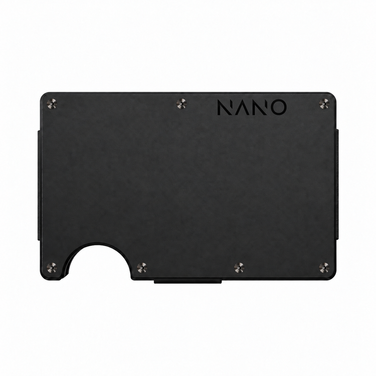 NANO Edition One Vortex Black powder-coated aluminium money clip wallet — front straight-on view