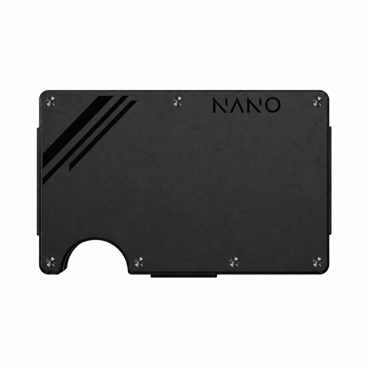 NANO Edition One Vortex Black/Onyx Black powder-coated aluminium cash strap wallet — front straight-on view